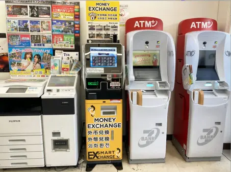 essential tips in Kyoto. Bright yellow currency exchange machine in Kyoto, conveniently located near popular tourist areas, making it easy for travelers to exchange money